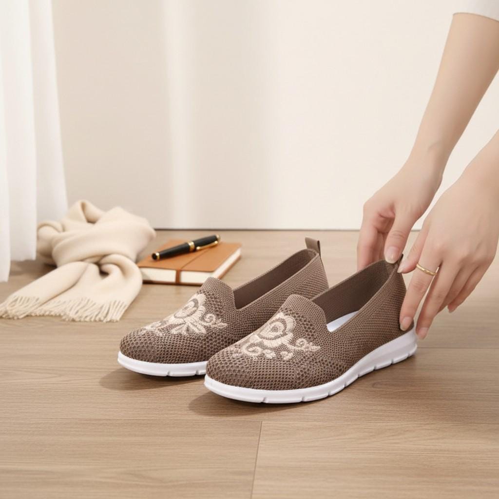 Embroidered Floral Slip On Shoes, Women's Brown Casual Walking Flats, Boho Summer Shoes