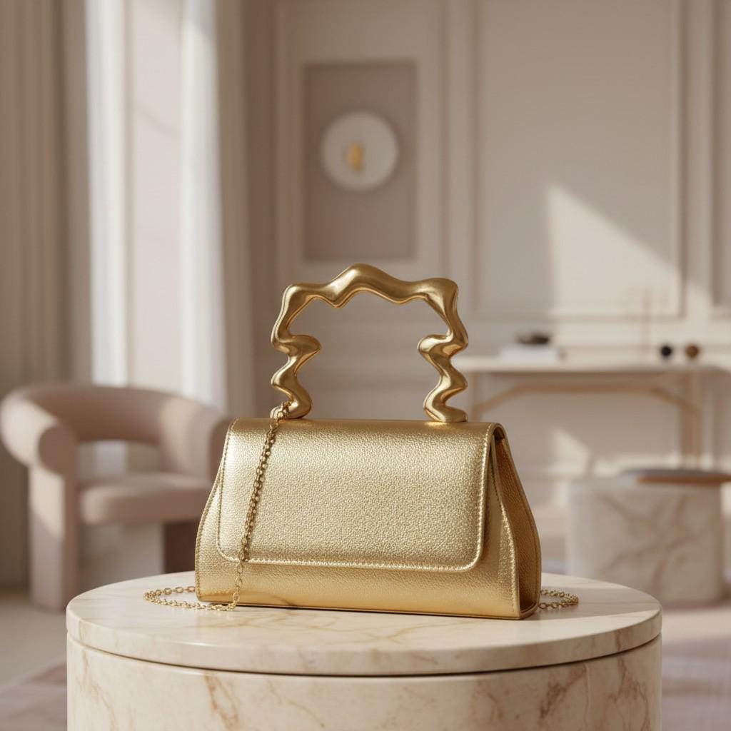 Gold Evening Bag, Metallic Clutch Purse, Top Handle Handbag, Chain Strap Party Bag, Wedding Guest Purse