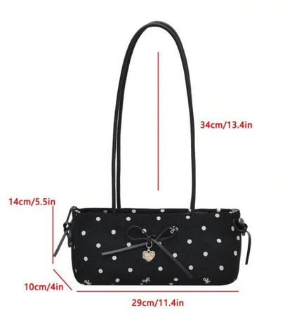 Black Polka Dot Shoulder Bag, Bow Detail Purse, Cute Heart Charm Handbag, Y2K Underarm Bag, White Dot Women's Bag