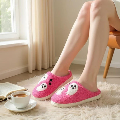 Ghost Slippers, Pink Fuzzy House Shoes, Cute Halloween Slippers