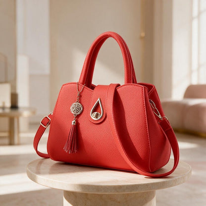 Red Structured Handbag, Top Handle Purse, Tassel Shoulder Bag, Red Crossbody Bag, Elegant Women's Satchel, Gift for Her