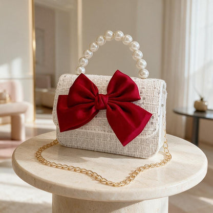 Pearl Handle Clutch, Red Bow Handbag, Ivory Evening Bag, Bridal Purse, Wedding Clutch, Chain Strap Party Bag