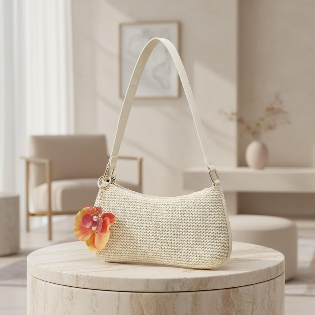 Cream Woven Shoulder Bag, Floral Crochet Purse, Flower Hobo Bag, Boho Summer Handbag, Cute Beach Bag, Vacation Purse