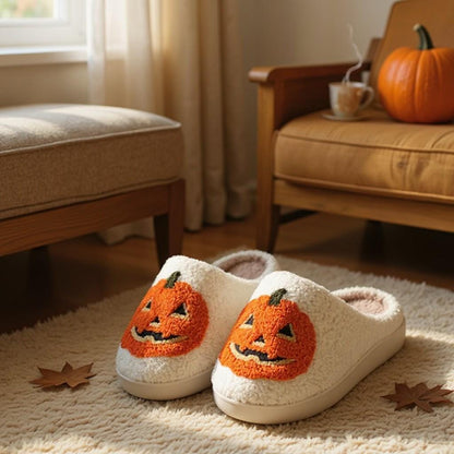 Pumpkin Slippers, Jack O Lantern House Shoes, Fuzzy Halloween Slippers