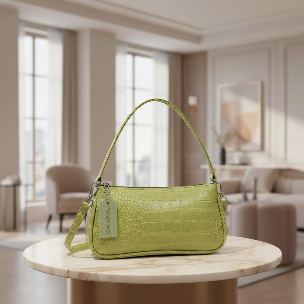 Green Croc Shoulder Bag, Mini Crossbody Purse for Women, Small Zip Handbag, Trendy Everyday Bag