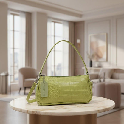 Green Croc Shoulder Bag, Mini Crossbody Purse for Women, Small Zip Handbag, Trendy Everyday Bag