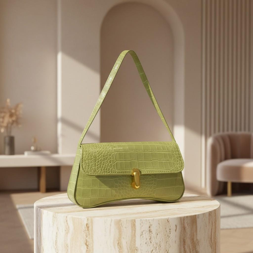 Lime Green Croc Shoulder Bag, Embossed Flap Handbag, Green Baguette Purse, Gold Clasp Y2K Bag, Trendy Underarm Purse