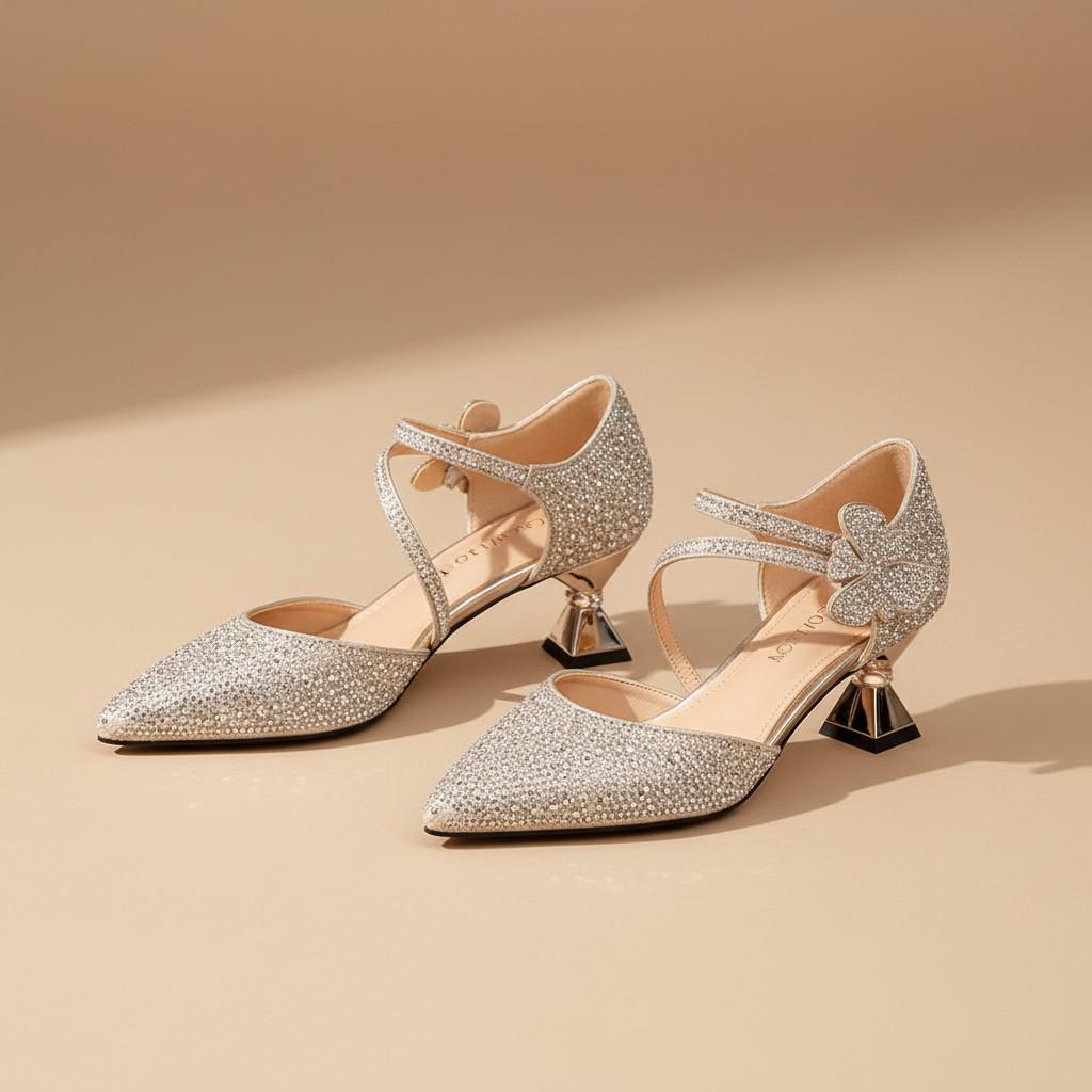 Silver Rhinestone Heels for Women, Pointed Toe Strappy Pumps, Sparkly Bridal Wedding Shoes