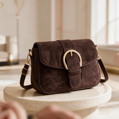 Brown Crossbody Bag, Chocolate Shoulder Purse, Gold Buckle Handbag, Minimalist Small Bag, Everyday Women's Purse