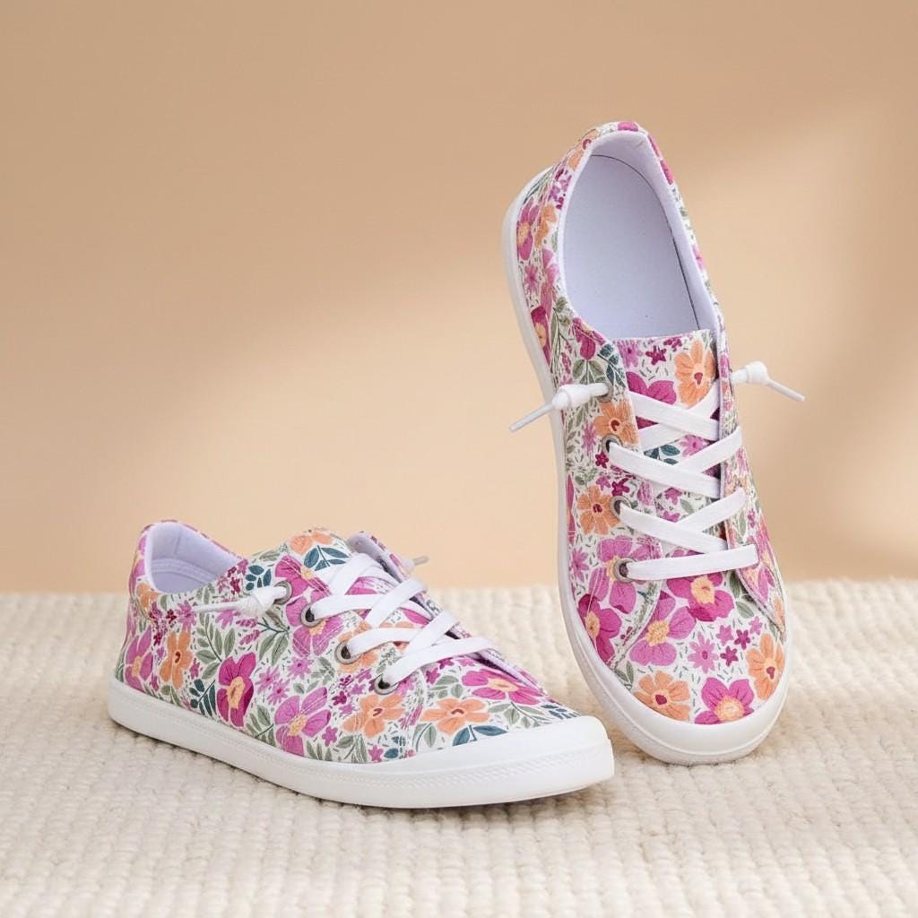 Floral Sneakers for Women, Colorful Flower Print Low Top Shoes, Women's Canvas Walking Sneakers, Cute Summer Shoes, Garden Style Footwear