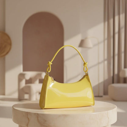 Yellow Baguette Shoulder Bag, Glossy Yellow Purse, Y2K Handbag, Bright Yellow Underarm Bag, Trendy Women's Bag