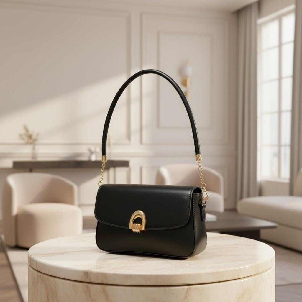 Black Structured Top Handle Bag, Flap Shoulder Purse, Gold Clasp Handbag
