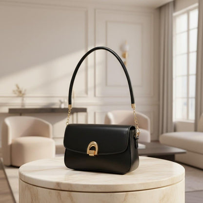 Black Structured Top Handle Bag, Flap Shoulder Purse, Gold Clasp Handbag