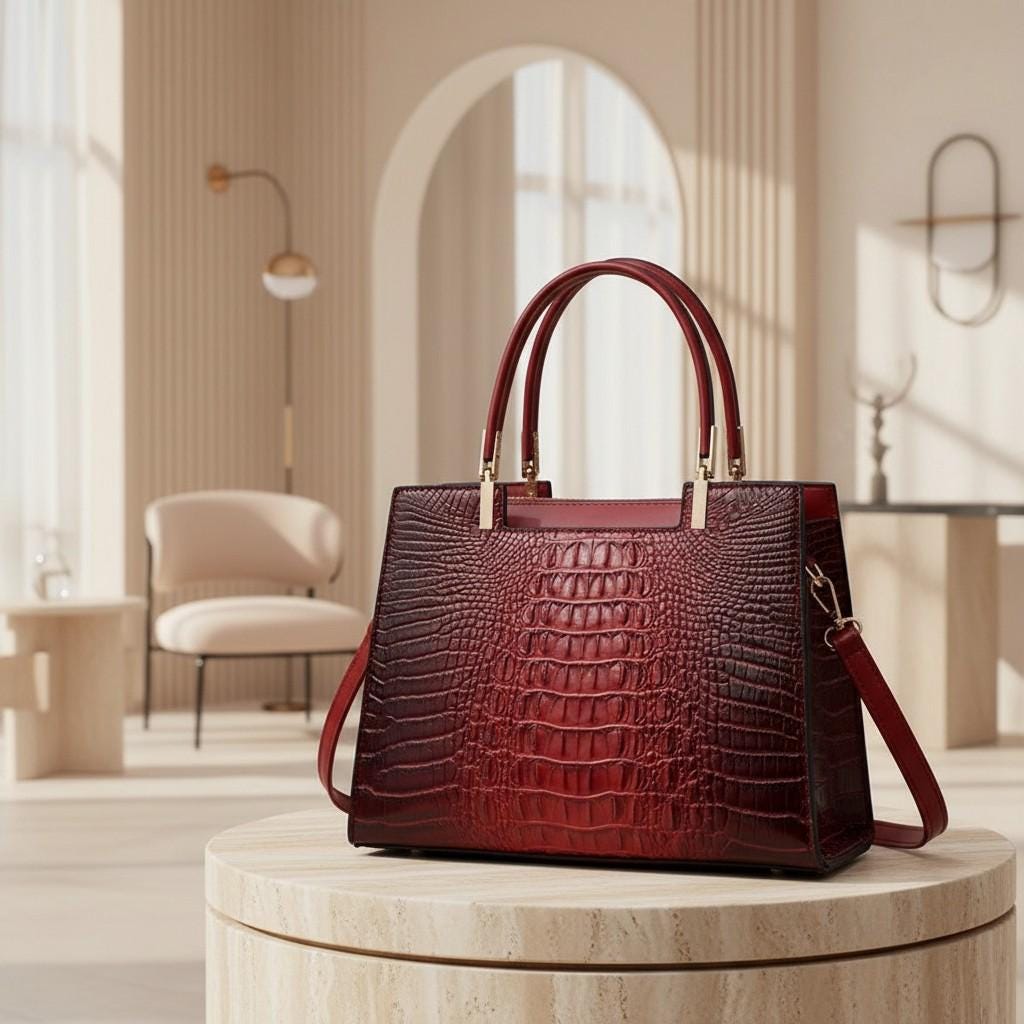 Burgundy Croc Embossed Handbag, Structured Top Handle Bag, Women's Shoulder Crossbody Purse, Elegant Satchel