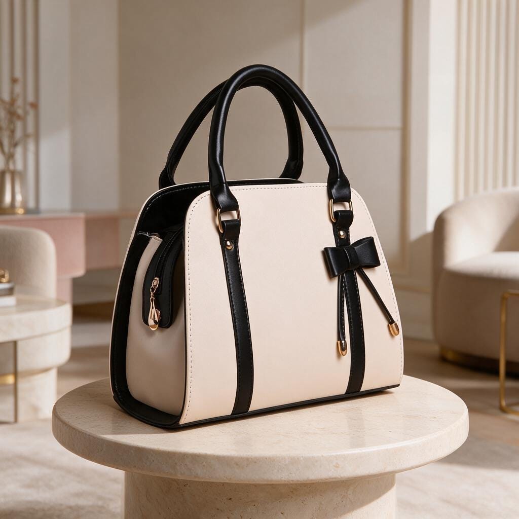 Cream Black Handbag, Two Tone Bow Purse, Structured Satchel Bag, Black Trim Top Handle Bag, Elegant Women's Handbag