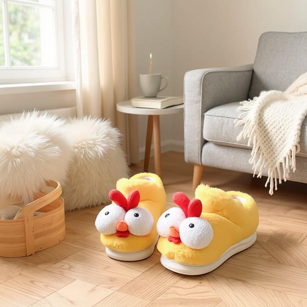 Chicken Slippers, Funny Fuzzy House Shoes, Plush Chick Animal Slides, Cozy Indoor Footwear