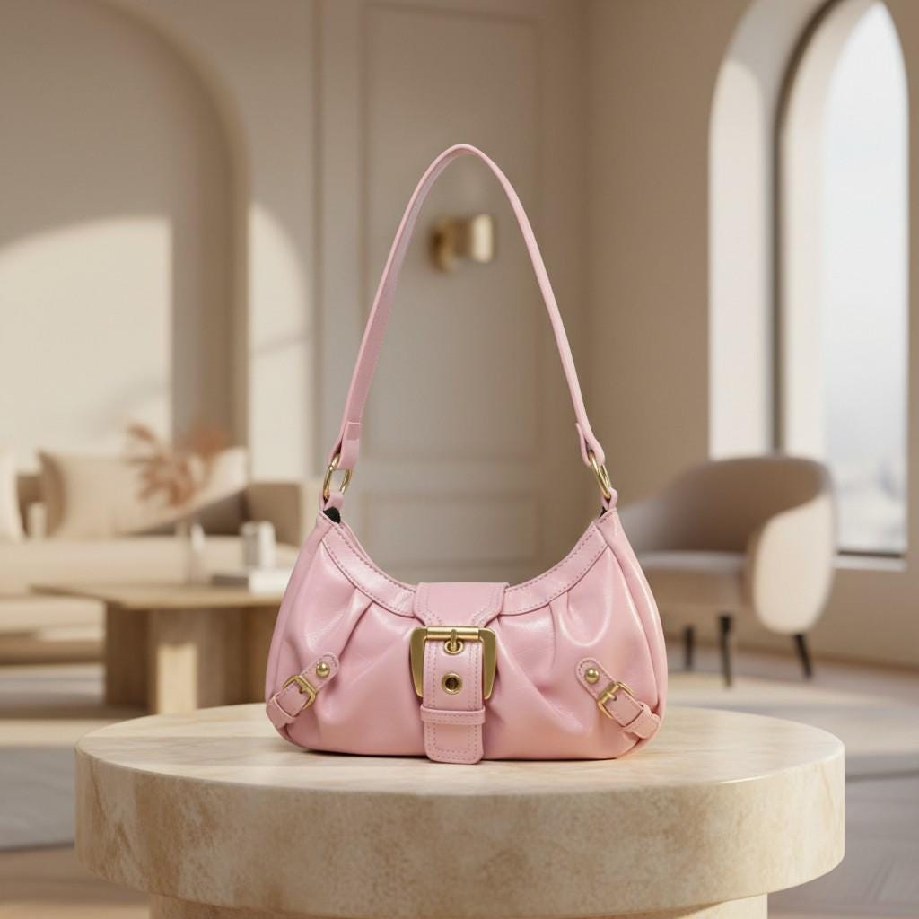 Pink Shoulder Bag, Y2K Hobo Purse, Pink Baguette Bag, Gold Buckle Handbag, Retro Pink Purse