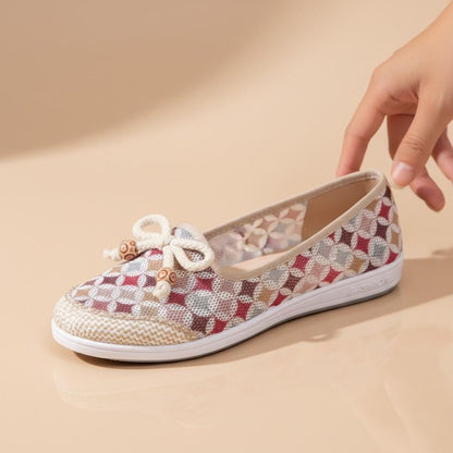 Woven Bow Ballet Flats for Women, Pink Beige Patterned Shoes, Casual Slip On Flats