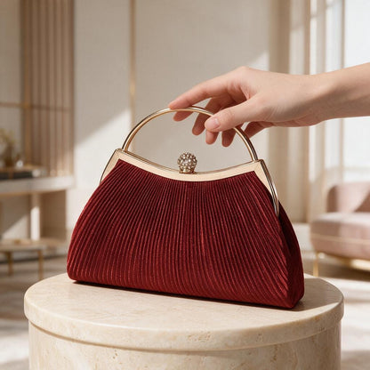 Red Pleated Clutch Bag, Burgundy Evening Purse, Elegant Top Handle Bag, Wedding Guest Handbag, Formal Party Purse