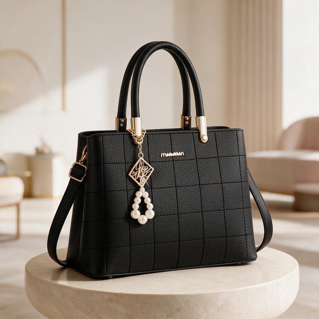 Black Quilted Tote Bag, Pearl Charm Handbag, Structured Top Handle Purse, Women's Shoulder Bag, Elegant Crossbody Bag