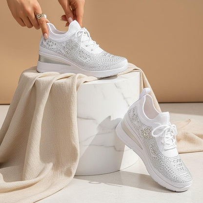White Wedge Sneakers for Women, Embellished Platform Shoes, Knit Fashion Sneakers