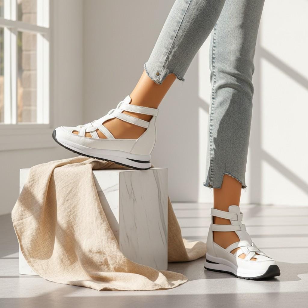 White Wedge Sneakers for Women, Strappy Platform Shoes, Buckle Detail Fashion Sneakers