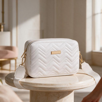 White Quilted Crossbody Bag, Chevron Shoulder Purse, White Handbag, Zigzag Quilted Bag, Adjustable Strap Crossbody