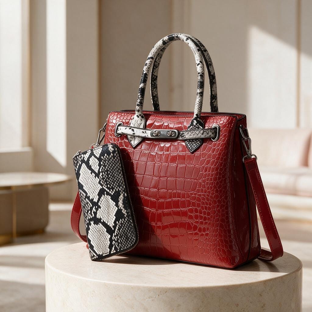 Red Crocodile Embossed Tote Bag, Snake Print Pouch, Structured Handbag, Top Handle Shoulder Bag, Women's Crossbody Purse