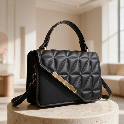 Black Quilted Handbag, Padded Top Handle Purse, Elegant Flap Shoulder Bag, Minimalist Crossbody Bag, Womens Evening Purse