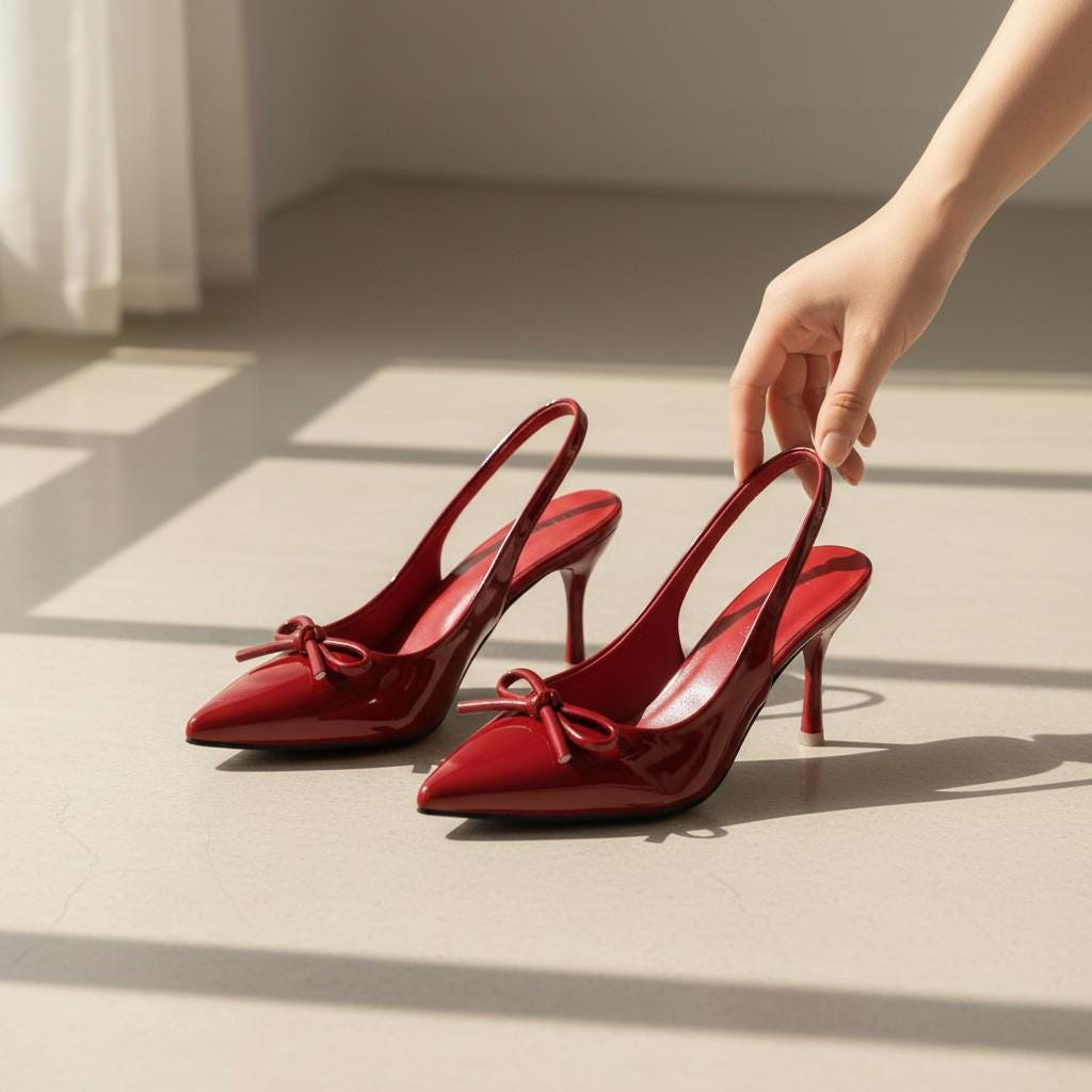 Red Bow Slingback Heels for Women, Pointed Toe Stiletto Pumps, Glossy Dress Shoes