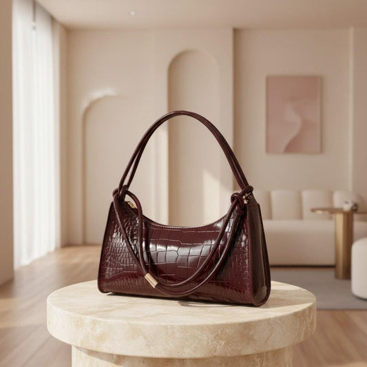 Burgundy Croc Shoulder Bag, Glossy Hobo Purse for Women, Small Baguette Handbag, Trendy Evening Bag