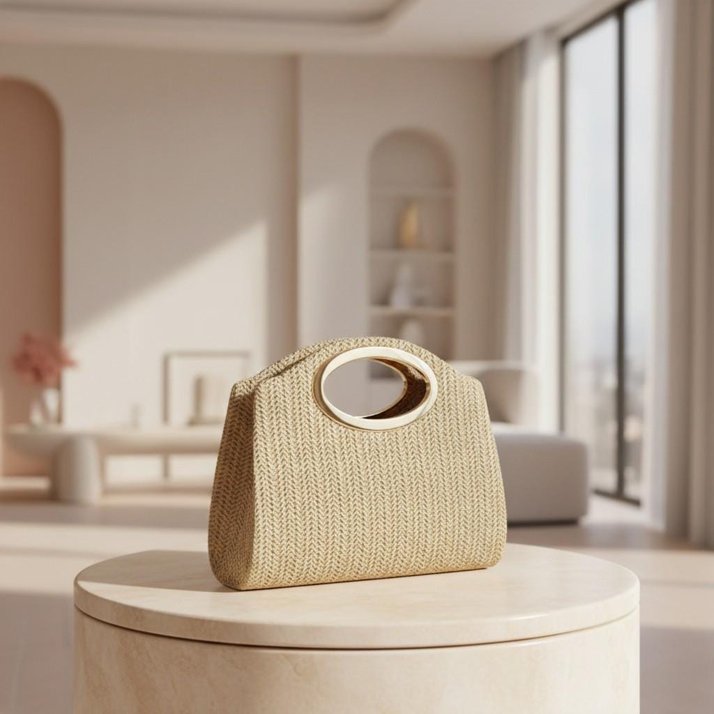 Woven Top Handle Bag, Beige Handbag, Natural Textured Purse, Gold Ring Handle