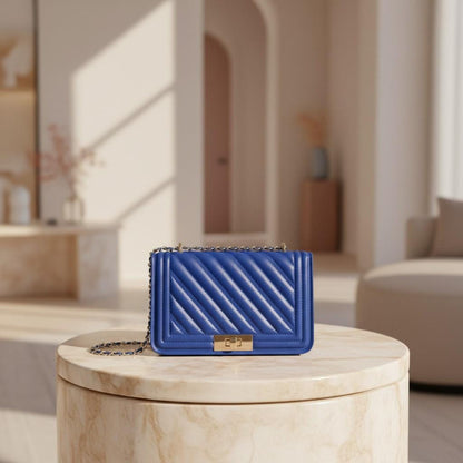 Blue Quilted Shoulder Bag, Chain Strap Purse, Diagonal Quilted Crossbody Bag, Cobalt Blue Handbag, Elegant Flap Bag
