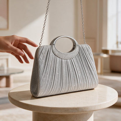 Silver Pleated Evening Bag, Rhinestone Ring Handle Purse, Silver Chain Shoulder Bag, Wedding Guest Clutch, Party Handbag