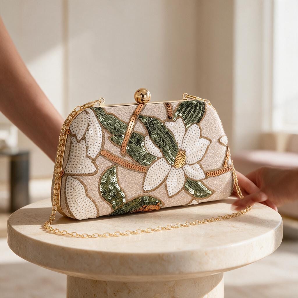 Floral Sequin Clutch Bag, Beaded Evening Purse, Embroidered Flower Handbag, Gold Chain Wedding Guest Bag, Elegant Party Clutch
