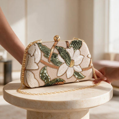 Floral Sequin Clutch Bag, Beaded Evening Purse, Embroidered Flower Handbag, Gold Chain Wedding Guest Bag, Elegant Party Clutch