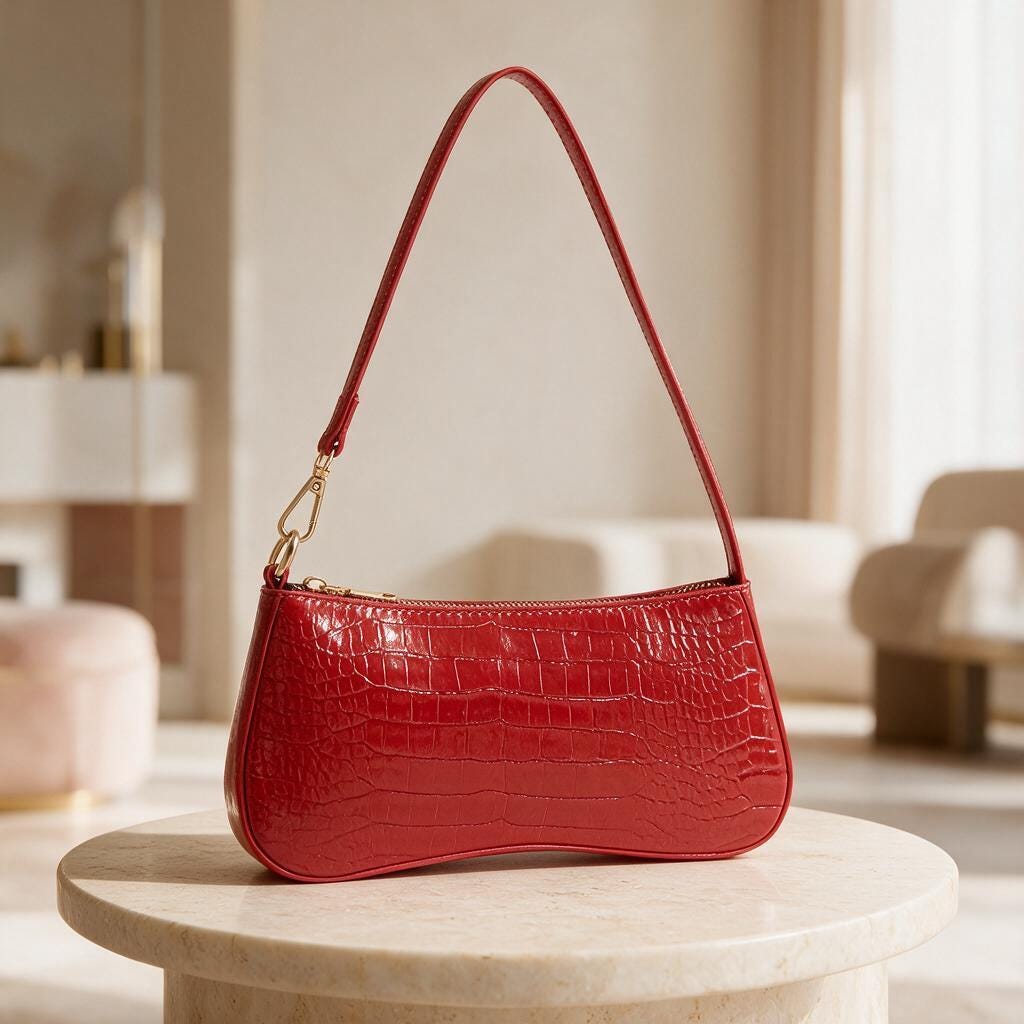 Red Croc Embossed Shoulder Bag, Y2K Baguette Purse, Glossy Faux Croc Handbag, Mini Underarm Bag, Red Shoulder Purse