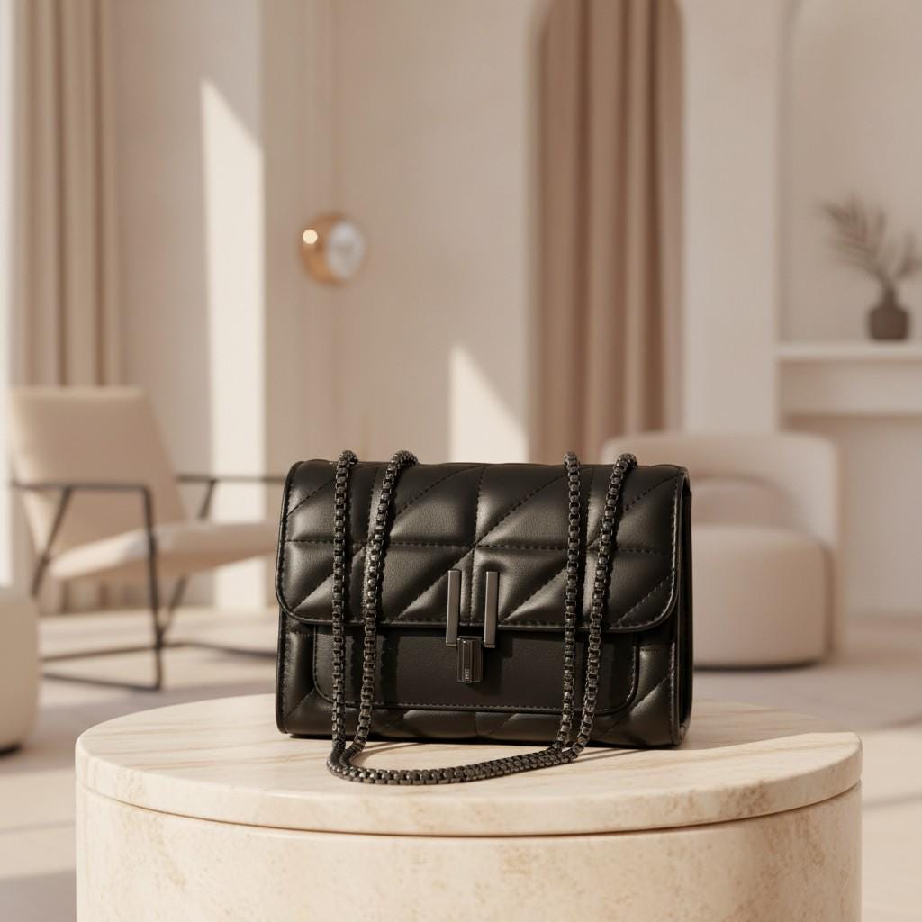 Black Quilted Shoulder Bag, Chain Crossbody Purse, Flap Handbag, Structured Black Bag, Women's Everyday Purse