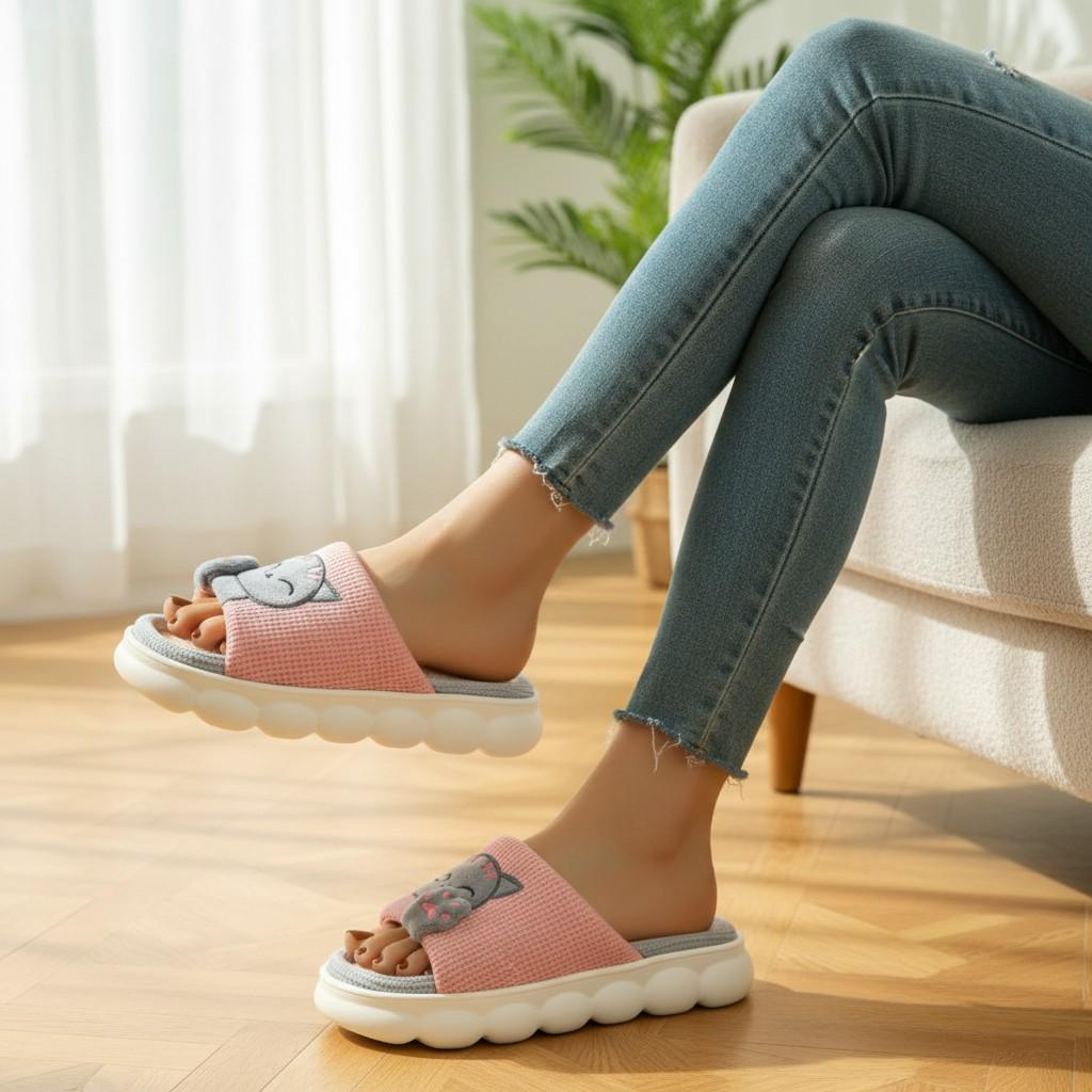 Pink Cat Slippers for Women, Cute Plush House Slides, Open Toe Indoor Shoes