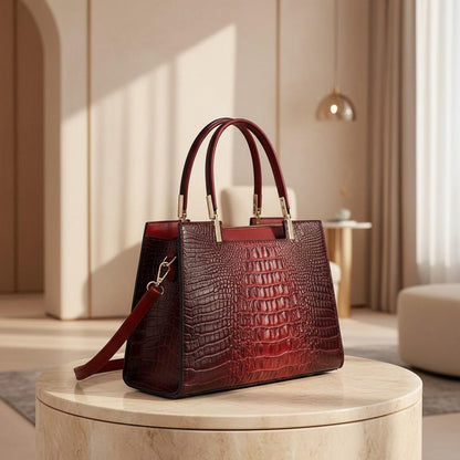 Burgundy Croc Embossed Handbag, Structured Top Handle Bag, Women's Shoulder Crossbody Purse, Elegant Satchel