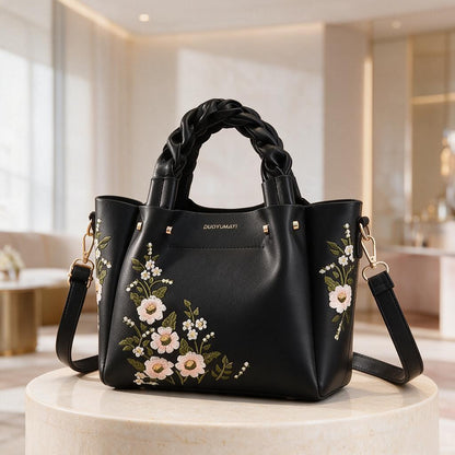 Black Floral Embroidered Tote Bag, Braided Handle Handbag, Women's Shoulder Bag, Floral Crossbody Purse, Everyday Tote