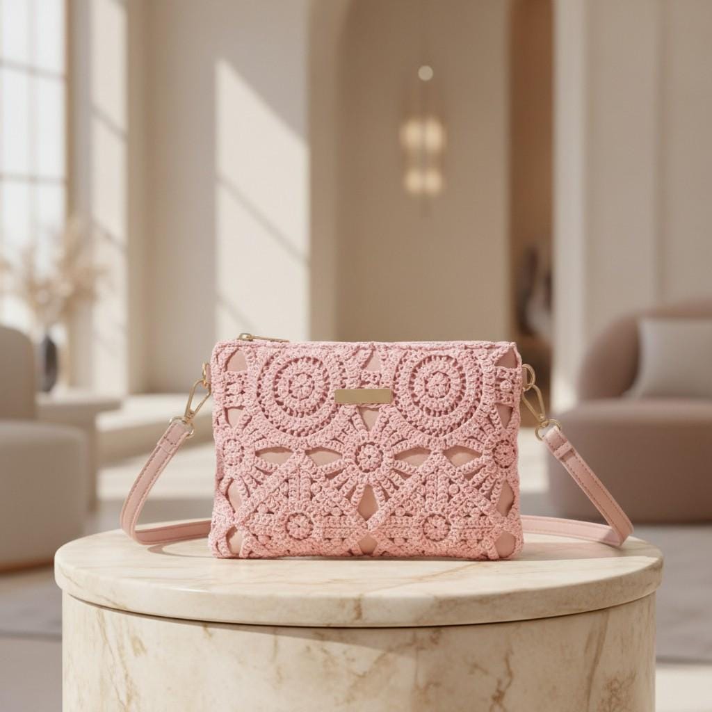 Pink Crochet Crossbody Bag, Lace Shoulder Purse, Boho Women's Handbag