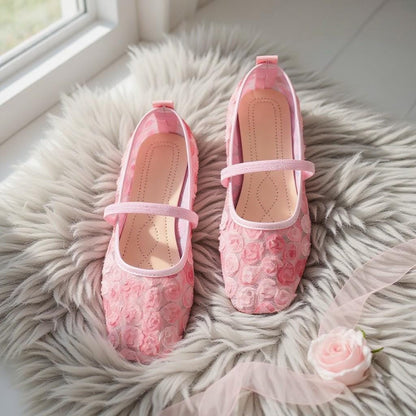 Pink Rose Mary Jane Heels, Floral Embroidered Shoes, Romantic Balletcore Pumps