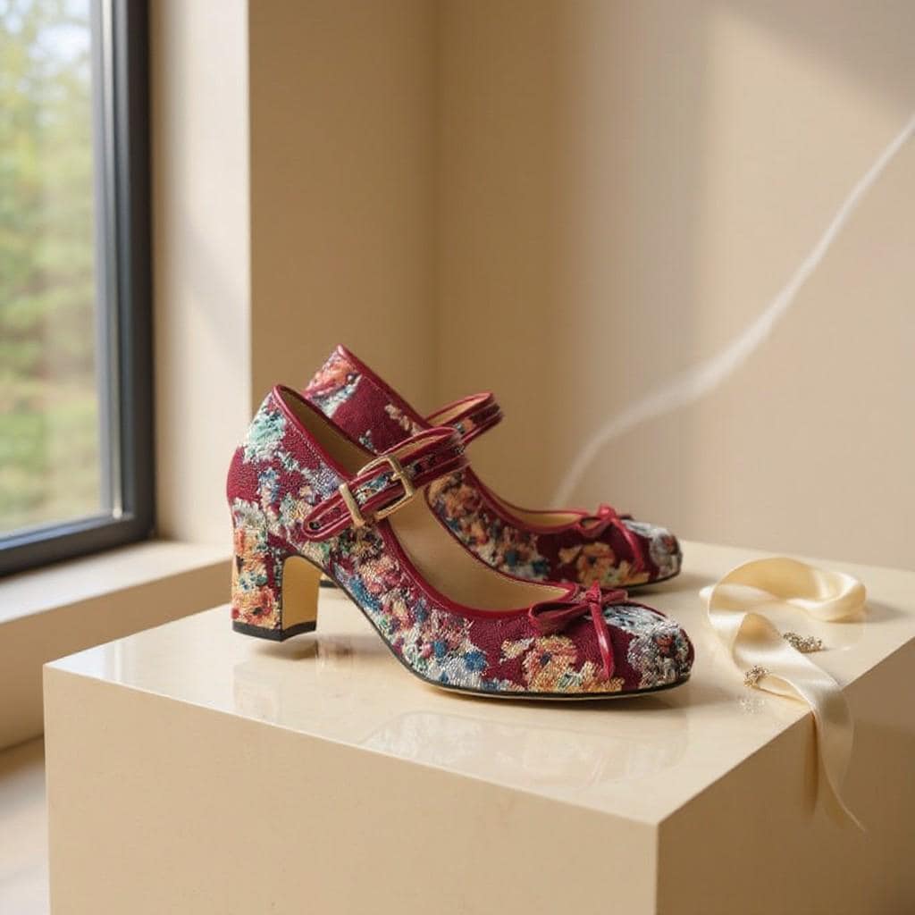 Burgundy Floral Mary Jane Heels, Vintage Bow Pumps, Ankle Strap Dress Shoes