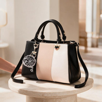 Color Block Handbag, Black Beige Satchel Bag, Structured Shoulder Purse, Top Handle Crossbody Bag, Women's Everyday Tote
