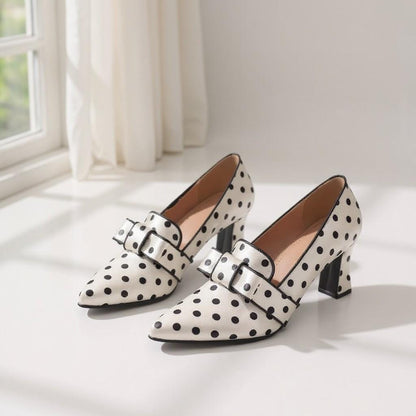 White Polka Dot Pumps, Bow Block Heels, Black and White Retro Dress Shoes