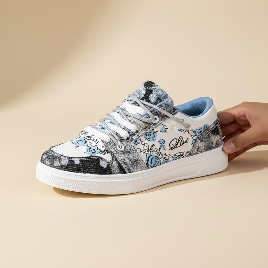 Blue Floral Sneakers, Women's Vintage Low Top Shoes, Lace Up