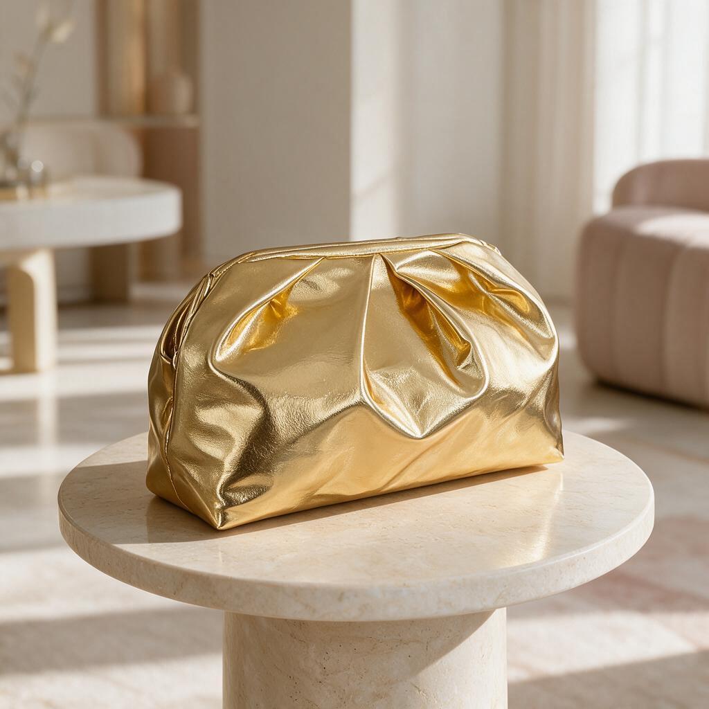 Metallic Gold Clutch Bag, Ruched Evening Purse, Gold Statement Handbag, Glam Party Bag, Elegant Wedding Guest Purse