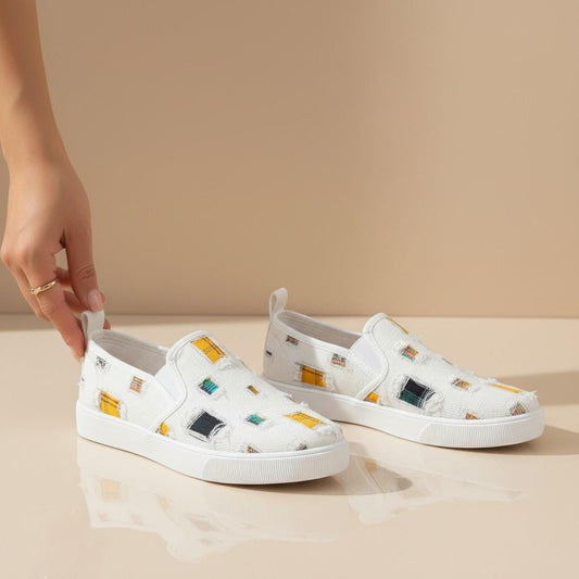 Women's Geometric Slip On Sneakers, White Patterned Casual Shoes, Colorful Low Top Everyday Footwear