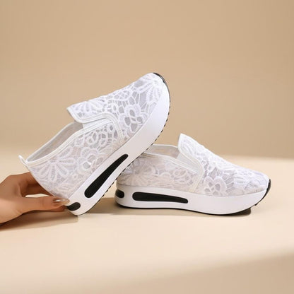 White Lace Wedge Sneakers, Women's Bridal Platform Shoes, Slip On Wedding Sneakers